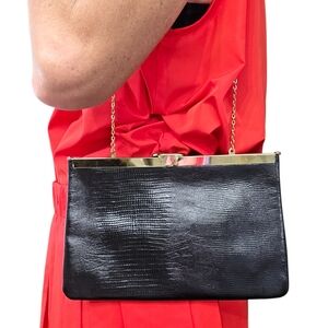 Vintage 1960s ETRA Black Lizard Embossed Kisslock Chain Evening Bag